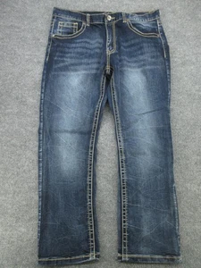 True Luck Jeans Mens 34x30 Blue Straight Leg Distressed Contrast Stitch Denim - Picture 1 of 18
