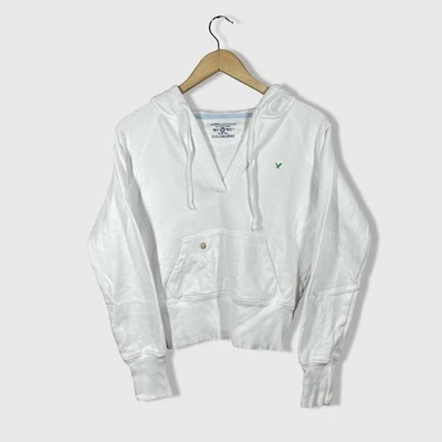 Y2K American Eagle Outfitters 裁剪连帽衫女式 S 白色袋鼠口袋 — 第 1/4 张图片