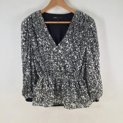 Maje womens blouse top size 2 aus 10 silver metallic sequin long sleeve 122641 - Image 1 of 4