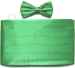 New Vesuvio Napoli 100% Silk Cummerbund and Bowtie Set Formal Wedding Prom Green - Picture 1 of 3