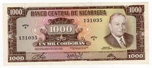 NICARAGUA P-128a 1000 Cordobas 1972 AUNC Somoza Signature - Picture 1 of 6