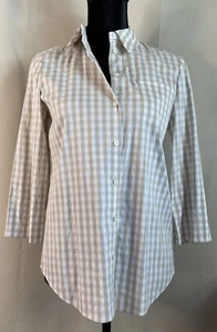 Lafayette 148 Brown White Gingham Button Up Shirt Blouse 3/4 Sleeve Size P XS - Picture 1 of 6