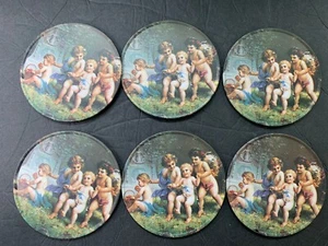 Trippie's Inc Set of 6 Colorful Cherubs Round Cork Back Coasters in Metal Can - Picture 1 of 12