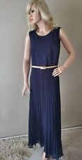 Shelby Nites Maxi Dress Sz 14 Accordian Pleated Chiffon Skirt Gold belt Navy