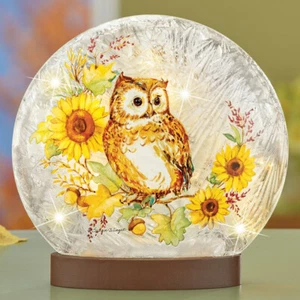 LED Lighted Owl and Sunflowers Frosted Glass Sphere Table Lamp Light w Wood Base - Picture 1 of 3