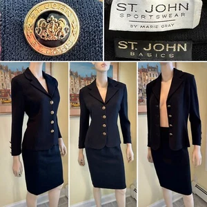Vtg ST JOHN Size 6/Small Black Santana Stretch Wool-Knit Military Skirt Suit USA - Picture 1 of 15