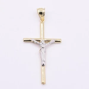 2 1/4" Jesus Cross Crucifix Two-Tone Pendant Necklace Real 10K Yellow White Gold - Picture 1 of 7