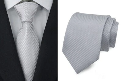 New Classic Striped Solid Silver JACQUARD WOVEN 100% Silk Men's Tie Necktie - Image 1 of 2