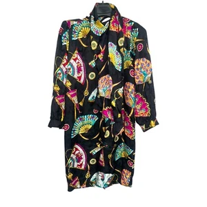 Jerri Sherman Silk Dress Saks Fifth Ave Vintage Fans Black Cocktail Size 4 Scarf - Picture 1 of 10