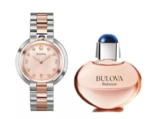 Bulova Quartz Women's Rubaiyat Sapphire Rose Gold Perfume Watch Set 35MM 98P174 - Picture 1 of 5