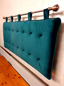 Double Bed Wall Hanging Headboard Cushion in Green Velvet With Black Buttons - Picture 1 of 2