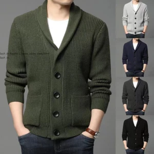 Men's Shawl Collar Cardigan Sweater Slim Fit Knitted Jacket Casual Button Coats  - Picture 1 of 16
