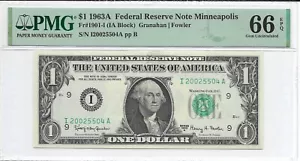 1963A $1 MINNEAPOLIS FRN. PMG GEM Uncirculated 66 EPQ Banknote. - Picture 1 of 2