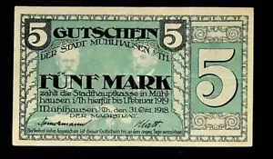 1918 Deutschland MUHLHAUSEN 5 Mark Banknote / Notgeld - Bild 1 von 2