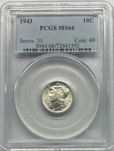 1943 Mercury, Winged, Liberty Head Dime, Liberty 10 Cents 10C PCGS MS66 - Picture 1 of 2