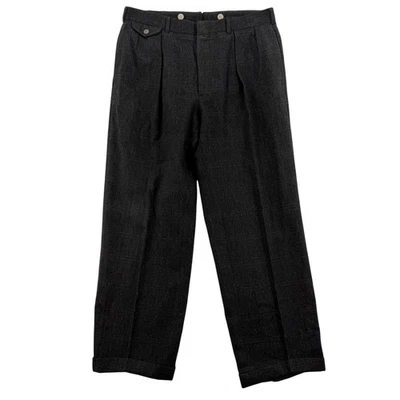VTG Polo Ralph Lauren Pants Mens 34x30 Gray Wool Plaid Pleated Cuff Herringbone - Image 1 of 4