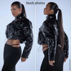Pretty Little Thing Black Cropped Vinyl Puffer Jacket Size 8 Full Zip - Picture 1 of 13