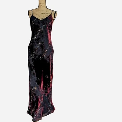 Vestido largo gótico años 90 y2k negro y borgoña Devore corte sesgado Reino Unido 12 (US 8) Foto 1 de 4