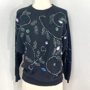 Black Beaded Sweater Lg Pullover Long Sleeve Holiday Festive Whimsy Goth Party - Picture 1 of 10