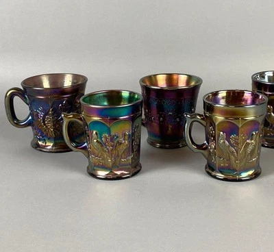 SET OF 4 NORTHWOOD CARNIVAL AMETHYST SINGING BIRD GLASS MUGS - Image 1 of 3