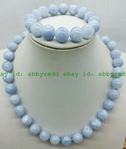 Delicate 10/12mm Light Blue Aquamarine Round Gems Bead Necklace Bracelet 18/7.5"