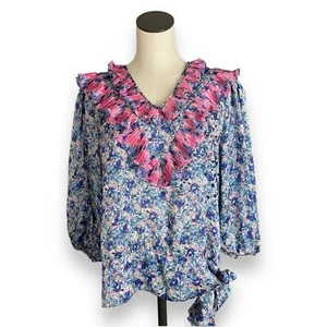 Diane Freis Vintage Blouse Ruffle Side Tie Sequins Blue Pink Top Eclectic Pleats - Picture 1 of 14
