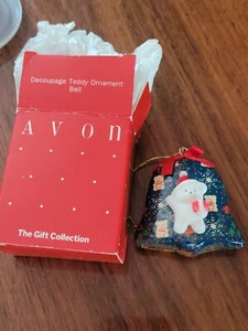 Avon Gift Collection Ornament Blue Decoupage Teddy Ornament Bell With Box - Picture 1 of 6