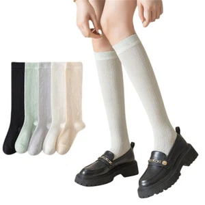 5 Pairs Women Cotton Breathable Knee-high Stockings Summer Thin Mesh Knee Socks  - Picture 1 of 20