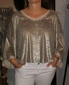 Free People Womens Champagne Dreams Gold Sequined Crop Top Blouse M Boho hippie - Picture 1 of 11