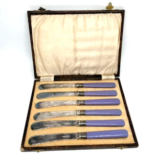 Antik Art Deco Brotmesser 6er Obst Dessert Messer Set blau Bakelit Mit Box #324 - Bild 1 von 11