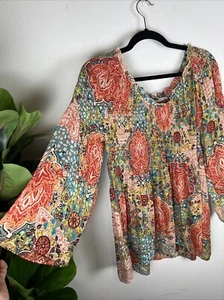 Spense Multicolor Boho Tunic Top Sheer PL Watercolor Peasant Flowy Artsy Paisley - Picture 1 of 13