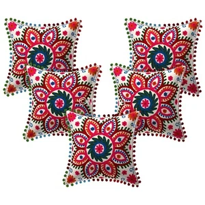 Indian Hand Embroidered White Suzani Cushion Cover Set of 2 pcs Colorful Pillow - Picture 1 of 5