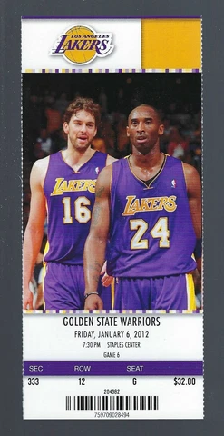 KOBE BRYANT vs KLAY FIRST MEETING 2012 NBA WARRIORS @ LAKERS FULL TICKET - JAN 6 Cover