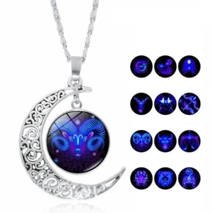 Fashion Moon Time Gem 12 Zodiac Sign Constellations Horoscope Pendant Necklace - Picture 1 of 23