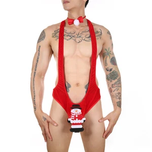 Men Jumpsuit Bodysuit Christmas Underwear Santa Claus Sexy Mankini with Bow Tie - Picture 1 of 27