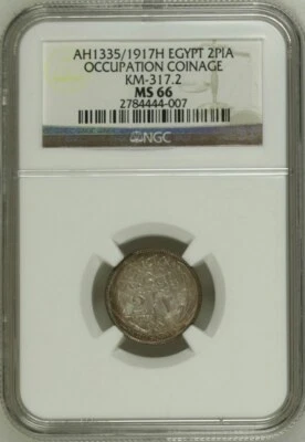 EGYPT , 2 PIASTRES HUSSEIN KAMIL 1917H NGC MS 66 - TOP POP  , RAREN - Image 1 of 2