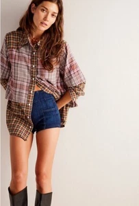 WE THE FREE Free People Layer It Up Checkered Top Shirt Brown UK S - Picture 1 of 9