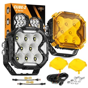 2x AUXBEAM 4" Flood LED Pods Driving Lights Bar DRL & Amber Turn Light & Covers - Picture 1 of 12