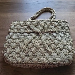Vintage Gold Metallic Lurex Crocheted Evening Bag Purse Made In Japan - Picture 1 of 9