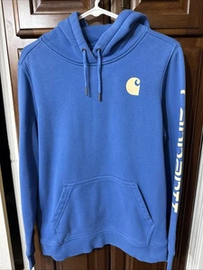 CARHARTT Size Medium Loose Fit Cotton Blend Fleece Hoodie Blue Arm Logo Women’s - Picture 1 of 3