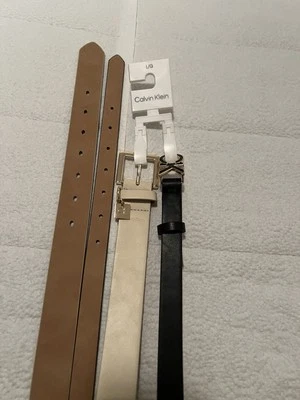 CALVIN KLEIN Mujer Juego de Cinturón 2 Piezas Logo CK Negro Beige Imitación Cuero Talla Grande Foto 1 de 4