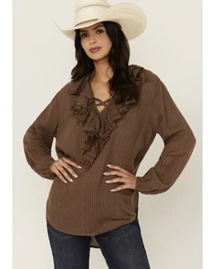 Cleo + Wolf Women's Bren Ruffle Front Long Sleeve Shirt Chocolate Brown Medium - Picture 1 of 4