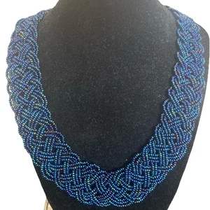 Hand Made Braided Multi Strand Multi Color Blue Seed Bead Choker Necklace 18” - Picture 1 of 3