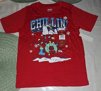 Peanuts Snoopy Christmas Boys Red size M Sz. 8  Graphic Short Sleeve T-Shirt NEW - Image 1 of 4