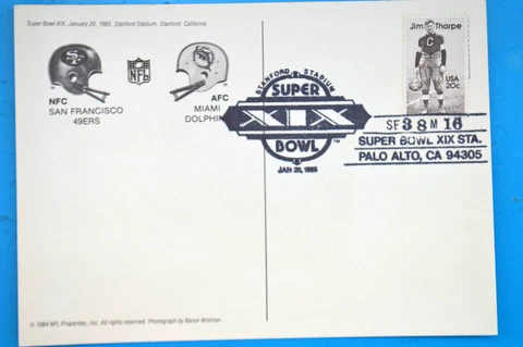 super bowl XIX post card Jan 20 1985 final score cancellation,  Jim Thorp Cover