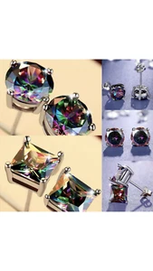 925 Silver Cut Mystic Rainbow Topaz Cubic Zircon Stud Earrings Round / Square