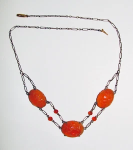 COLLAR COLGANTE CORNALINA TALLADA NARANJA CHECA VINTAGE CON CIERRE DE ORO 10K - Imagen 1 de 8