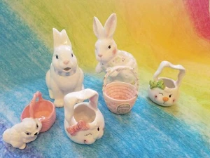 crafted Easter Bunny Rabbit  Ceramic Figurines w Baskets 5 items - Picture 1 of 6