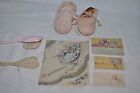 VINTAGE pink  baby embroideried booties 2 Pink baby brushes ANNOUNCEMENT Cards 