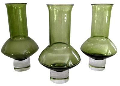 KROSNO Avocado Green Vase Lot MCM 1970 POLAND Art Glass 9” Tall ATOMIC Set of 3 - Image 1 of 4